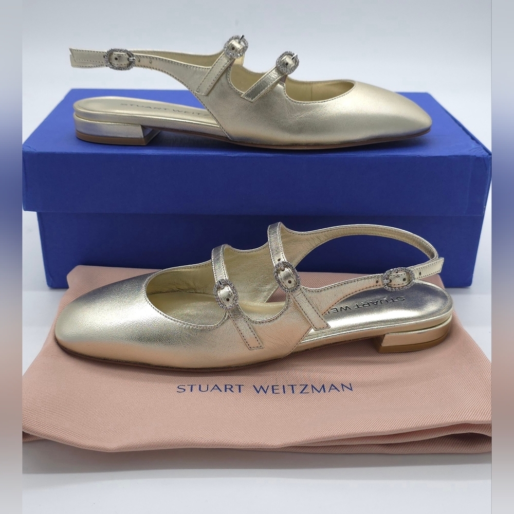 Stuart Weitzman Claris Gold Metallic Mary Jane Slingback Flats Size 6.5B